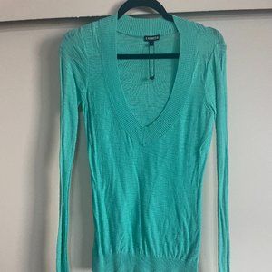 Plunging, Express Cyan Knit Sweater